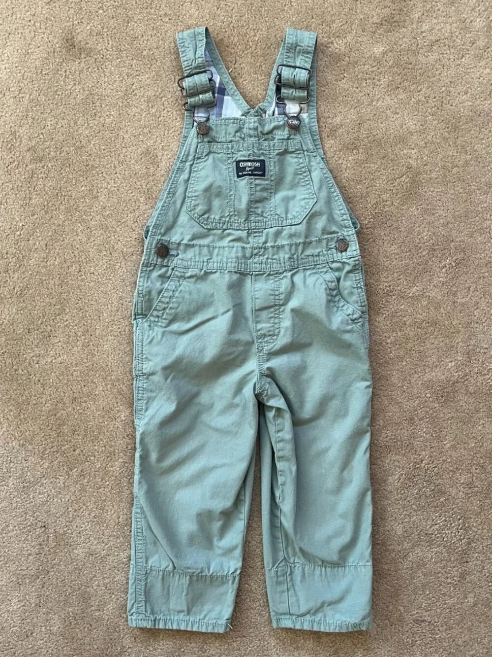 Oshkosh B'Gosh Youth Unisex 100% Cotton Green Overalls Plaid Lining Size 3T